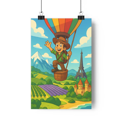 Poster joyeux montgolfière homme haut-de-forme paysage champêtre lavande tour eiffel château médiéval ciel bleu nuages blancs montagnes enneigées ambiance ensoleillée