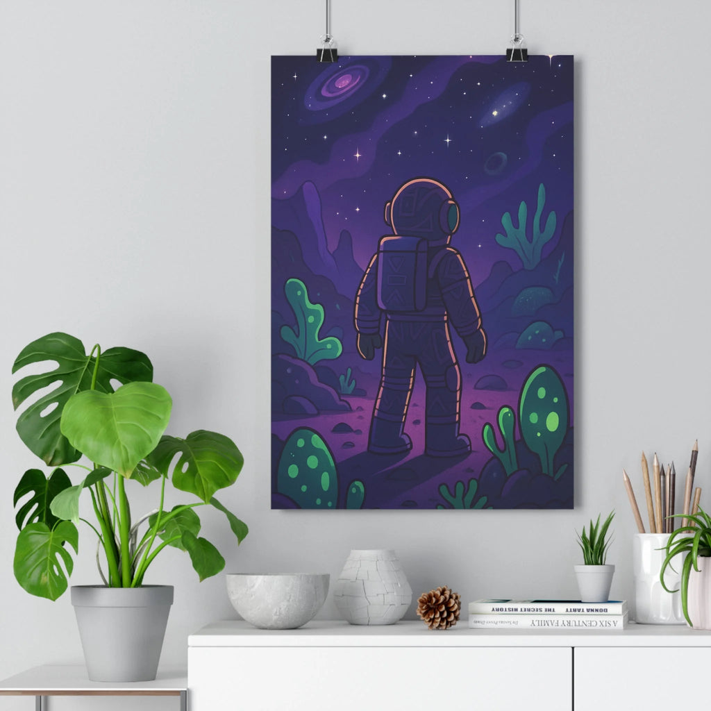 Poster décoratif astronaute violet vert futuriste mystique chambre bureau enfant exploration paysage extraterrestre qualité