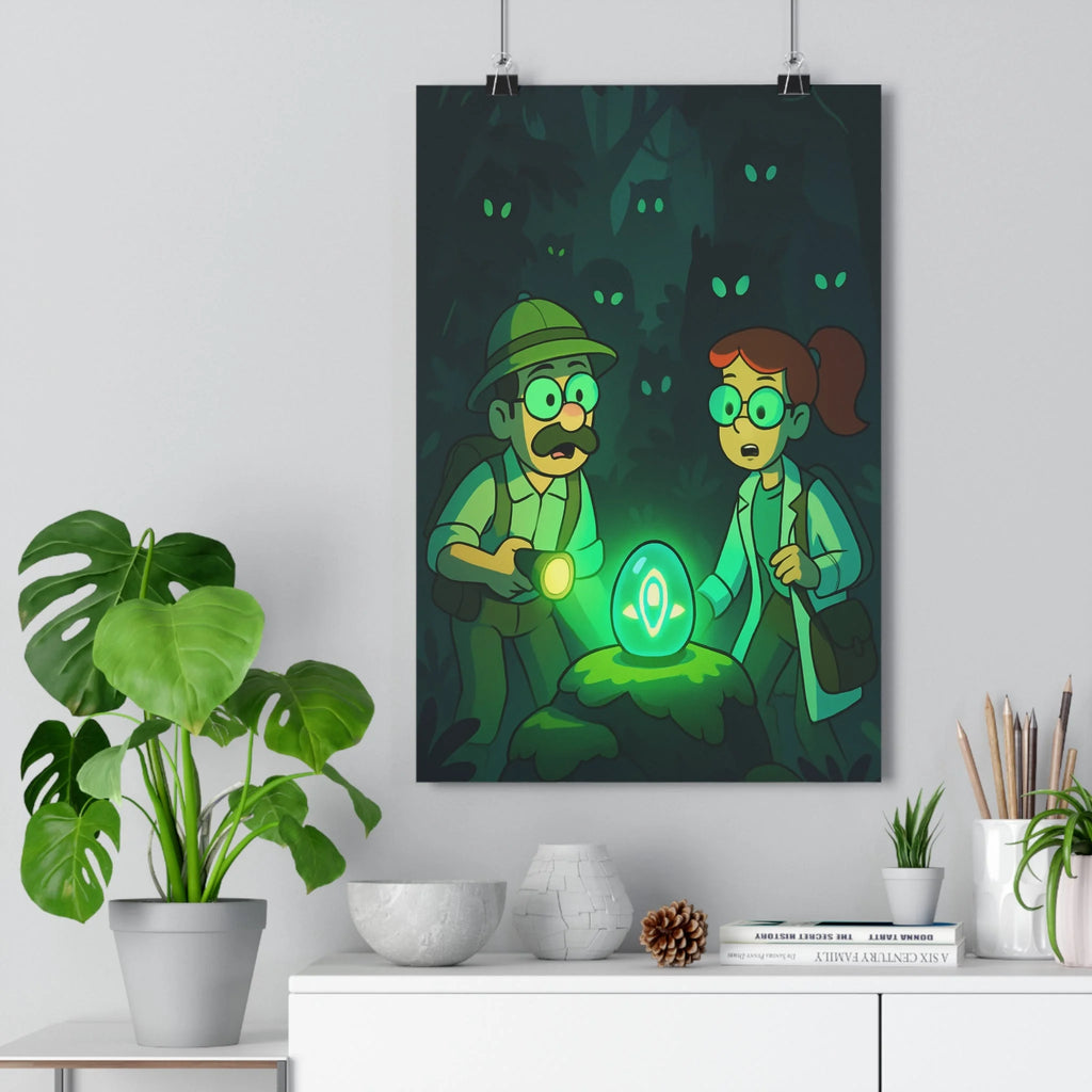 Poster décoratif animé mystique aventure forêt sombre vert bleu bureau chambre intrigant explorateur lumineux