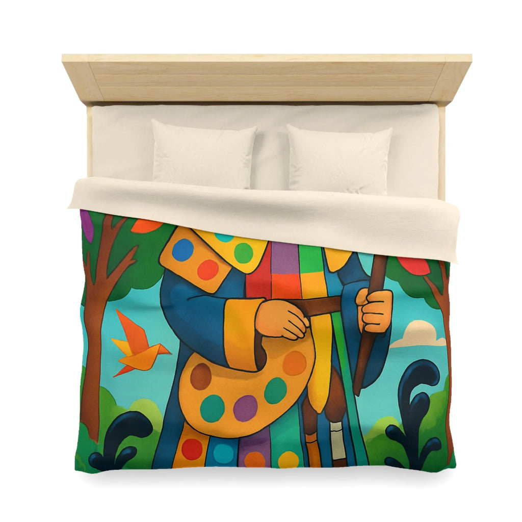 Housse de couette multicolore avec roi et oiseaux dans un jardin enchanteur