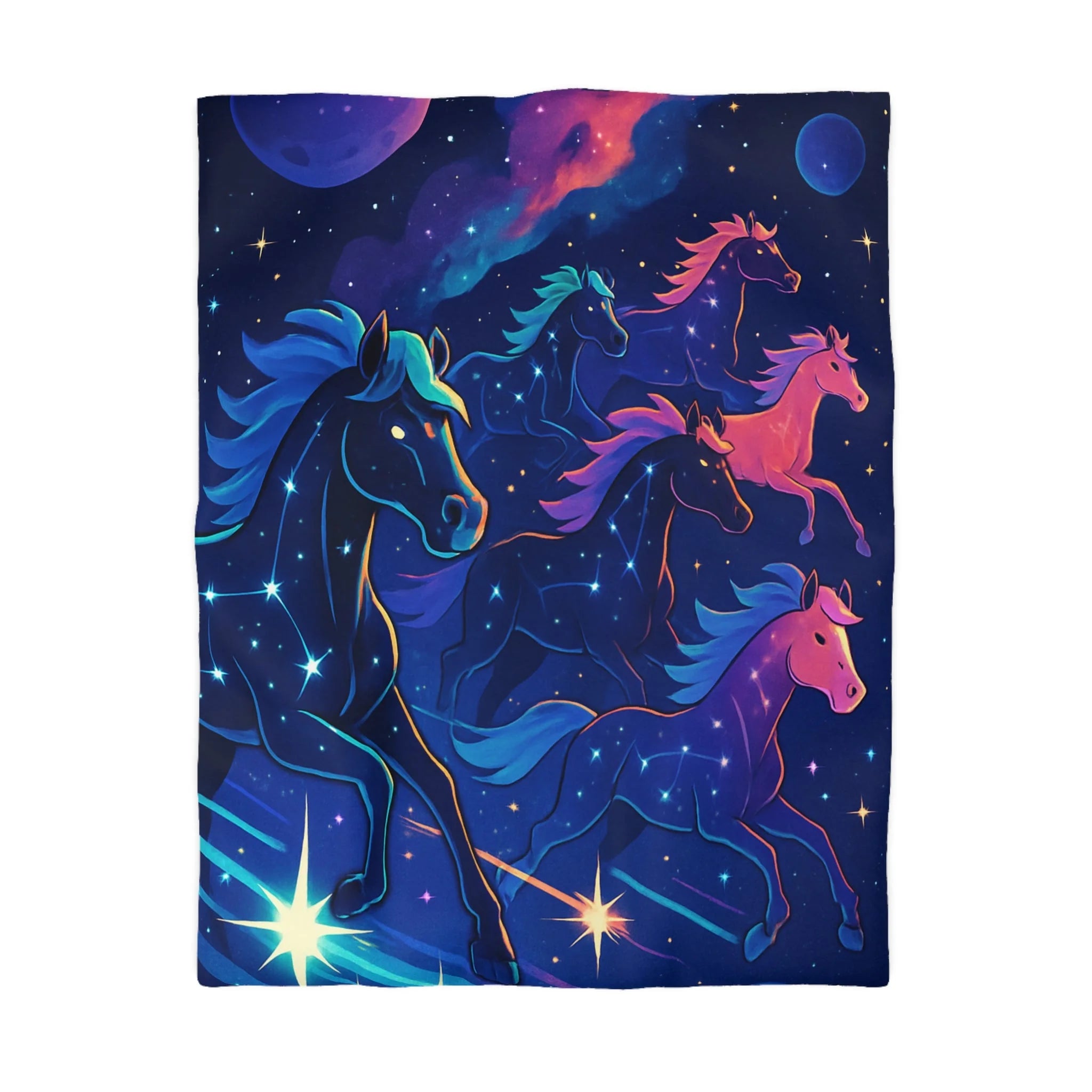 Rêve céleste: chevaux galactiques lumineux dans un univers étoilé et coloré