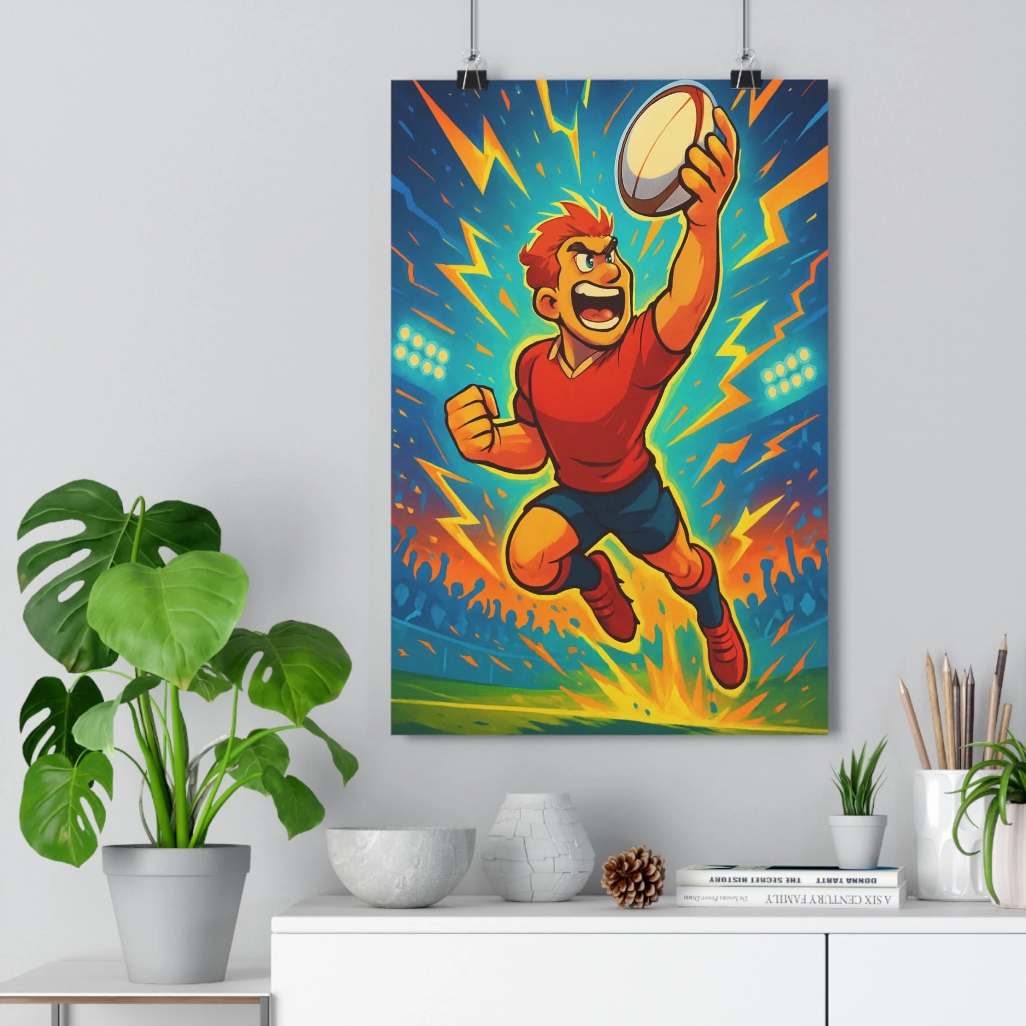 Poster décoratif sportif vibrant bleu orange jaune dynamique chambre salon 30x46 aventure héros rugby