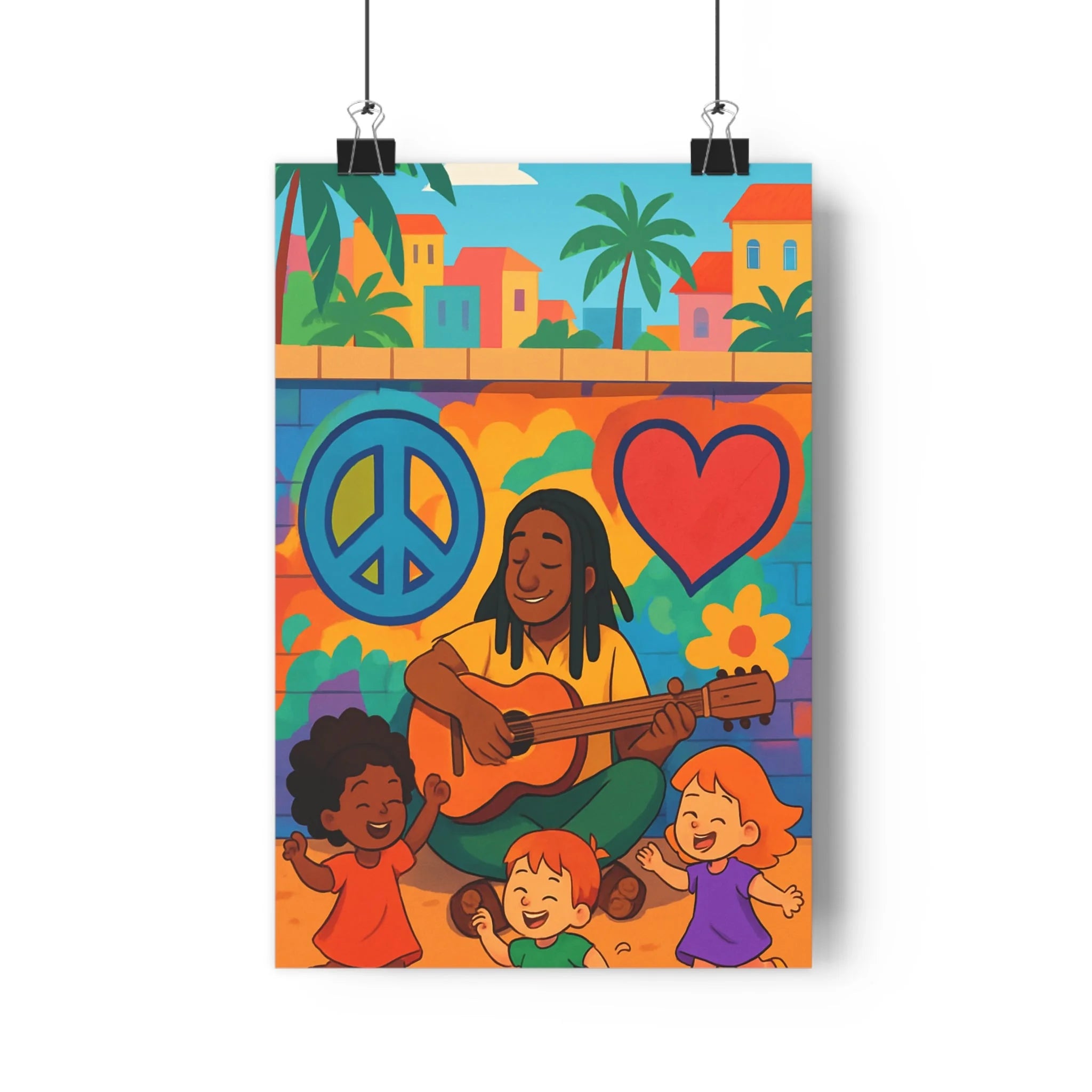 Poster décoratif illustration joyeuse bleu orange vert cartoon enfant chambre ambiance guitare qualité paix