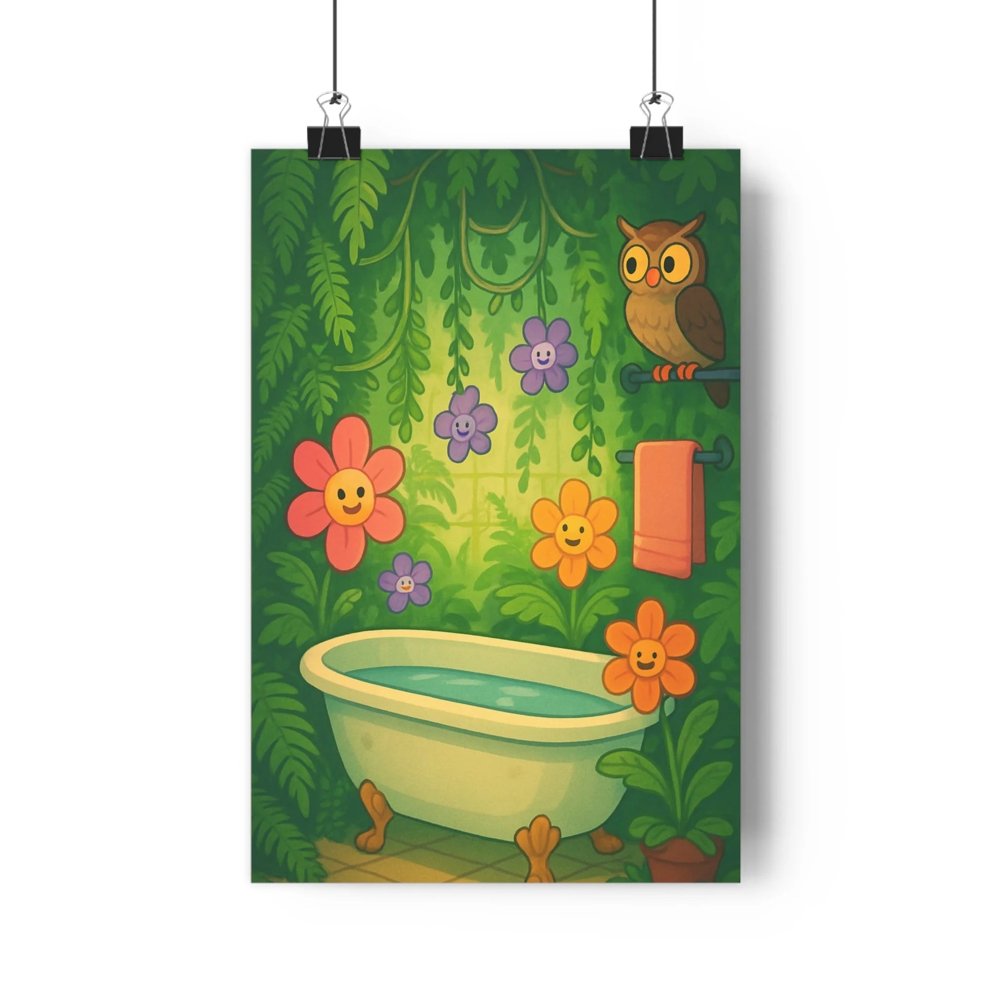 Poster décoratif botanique joyeux vert rose violet cartoon bain salle nature hibou ambiance qualité