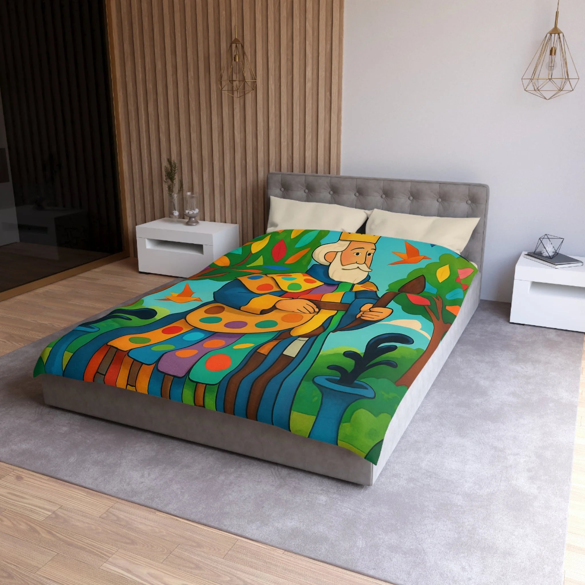Housse de couette multicolore avec roi et oiseaux dans un jardin enchanteur