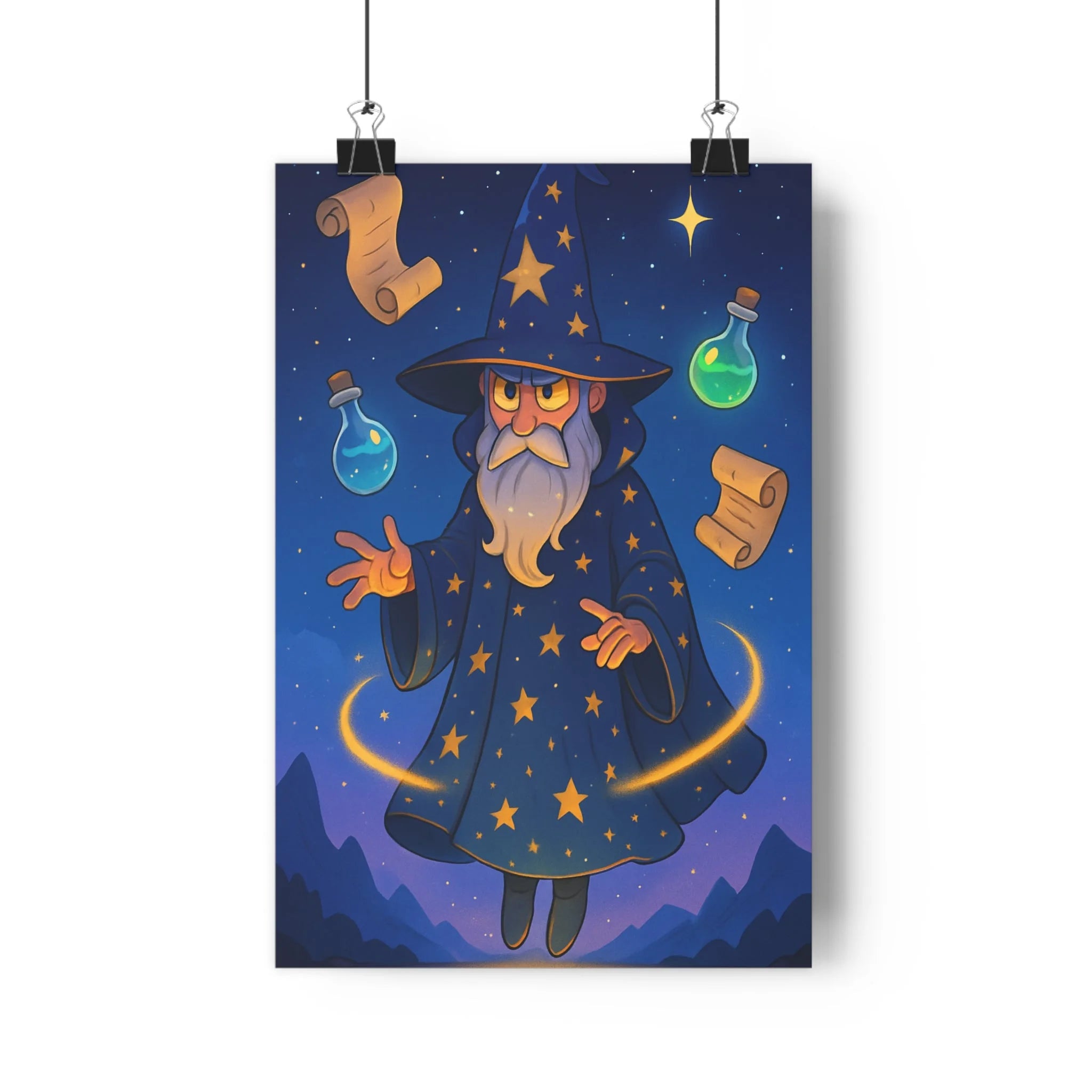 Poster décoratif sorcier mystérieux anime bleu jaune magique mystique chambre lecture art enchanteur ambiance