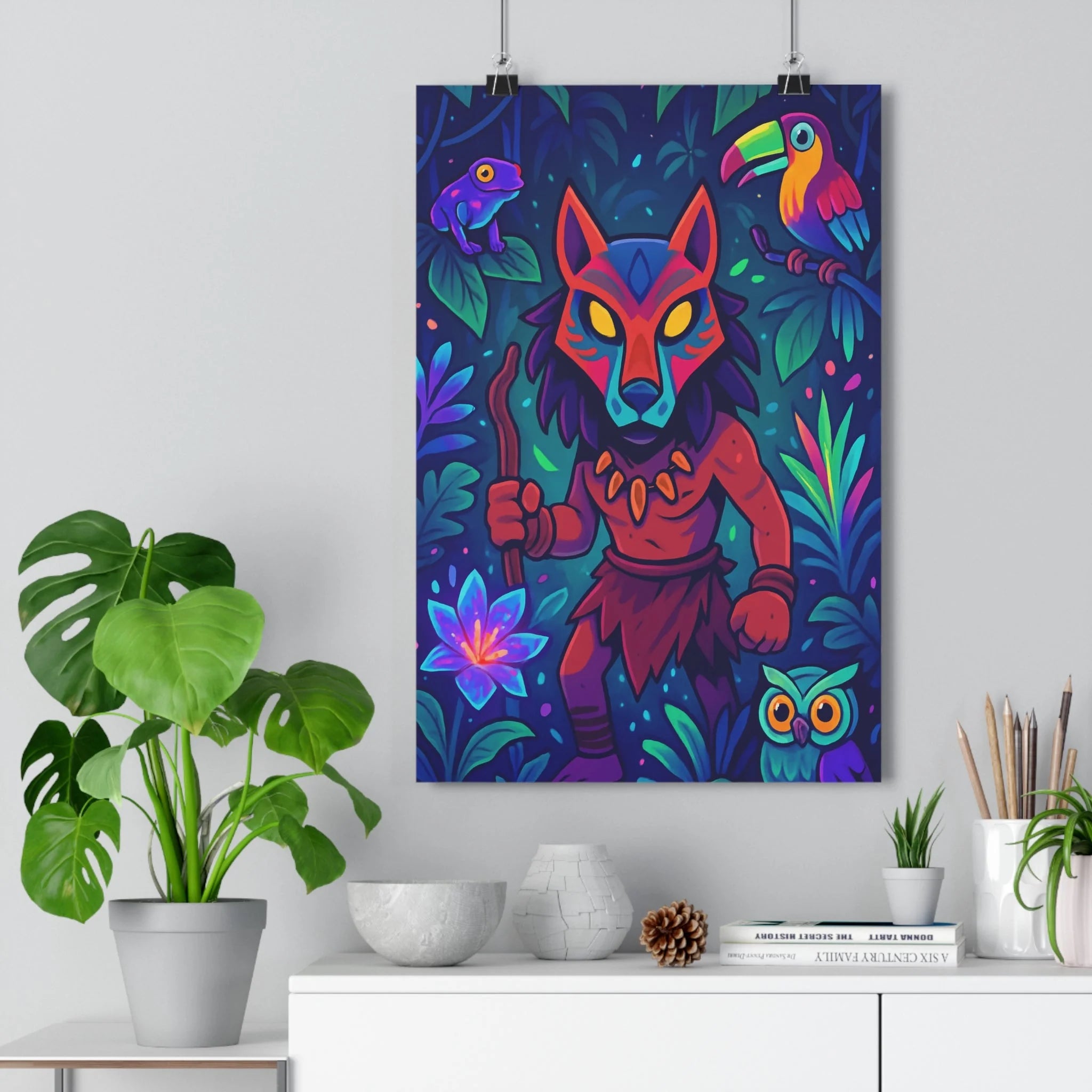 Poster décoratif jungle vibrant cartoon bleu vert salon aventure tribale mystique enfant fluorescent moderne