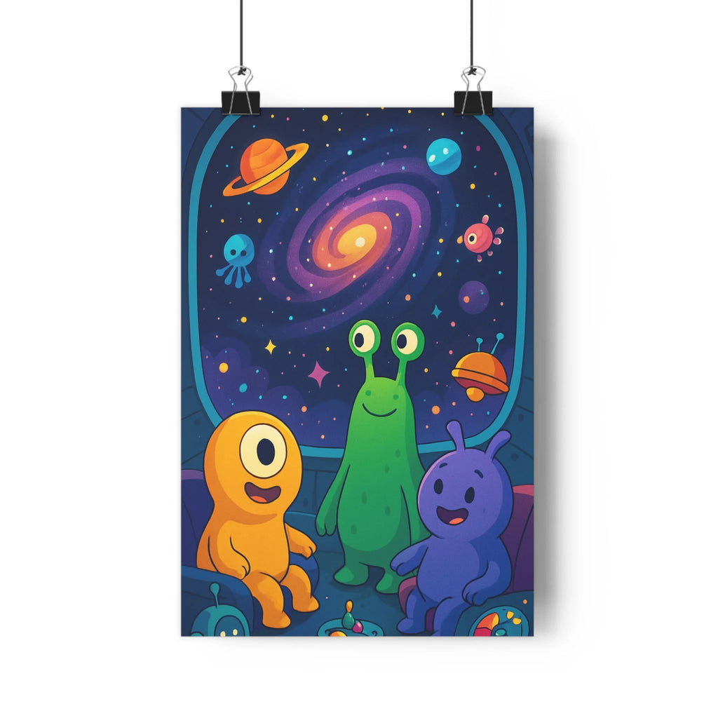 Poster décoratif futuriste coloré galaxie aventure créatures joyeux chambre enfant vibrant spatial exploration unique