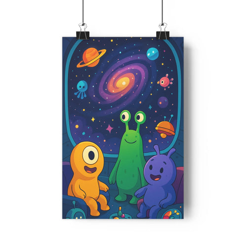 Poster futuriste créatures couleur nuit galaxies joyeuses expressions contours nettoyage ambiance enfantine exploration espace vibrant chambre
