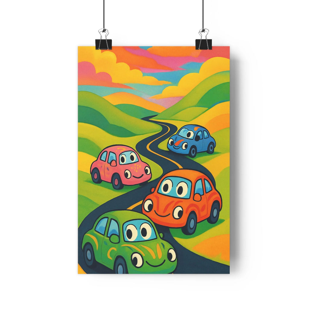 Poster décoratif cartoon voiture colorée joyeux chambre enfant rose bleu orange vert paysage qualité