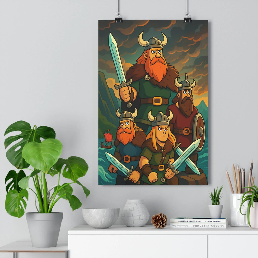 Poster décoratif épique guerriers nordiques aventuriers salon viking style mythologique dramatique couleurs vives qualité