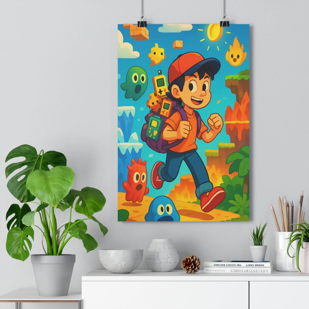 Poster décoratif aventurier pixelisé rétro cartoon coloré joyeux chambre enfant ludique 30x46 cm qualité
