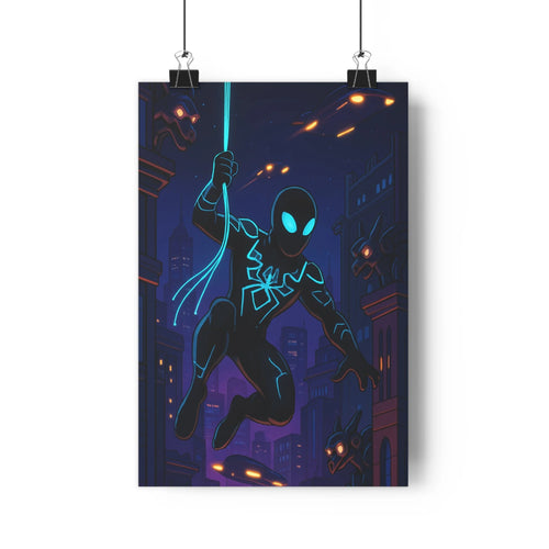 Poster urbain nuit personnage noir bleu lumineux bâtiments modernes ombres douces mouvement tension ambiance graphique minimaliste chambre salon