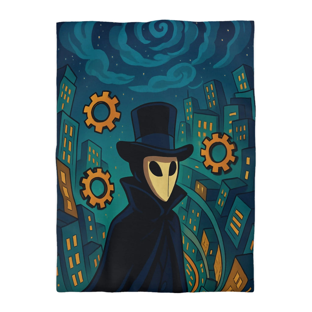 Housse de couette mystérieuse avec personnage masqué, engrenages dorés et ville nocturne