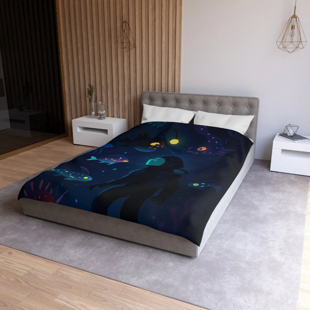 Housse de couette océanique avec plongeur et créatures marines lumineuses mystérieuses