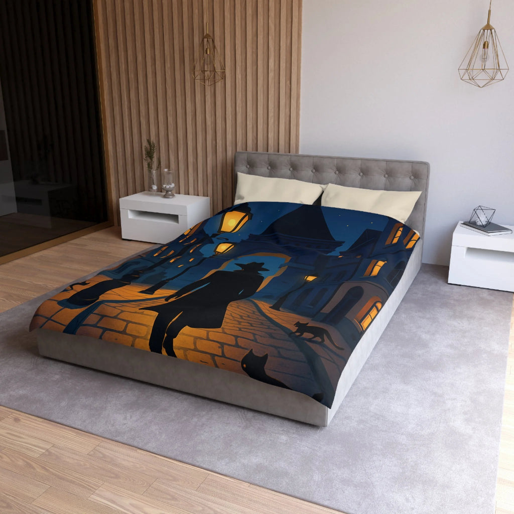 Housse de couette noire mystérieuse, silhouette d'homme avec chats et lampadaires nocturnes