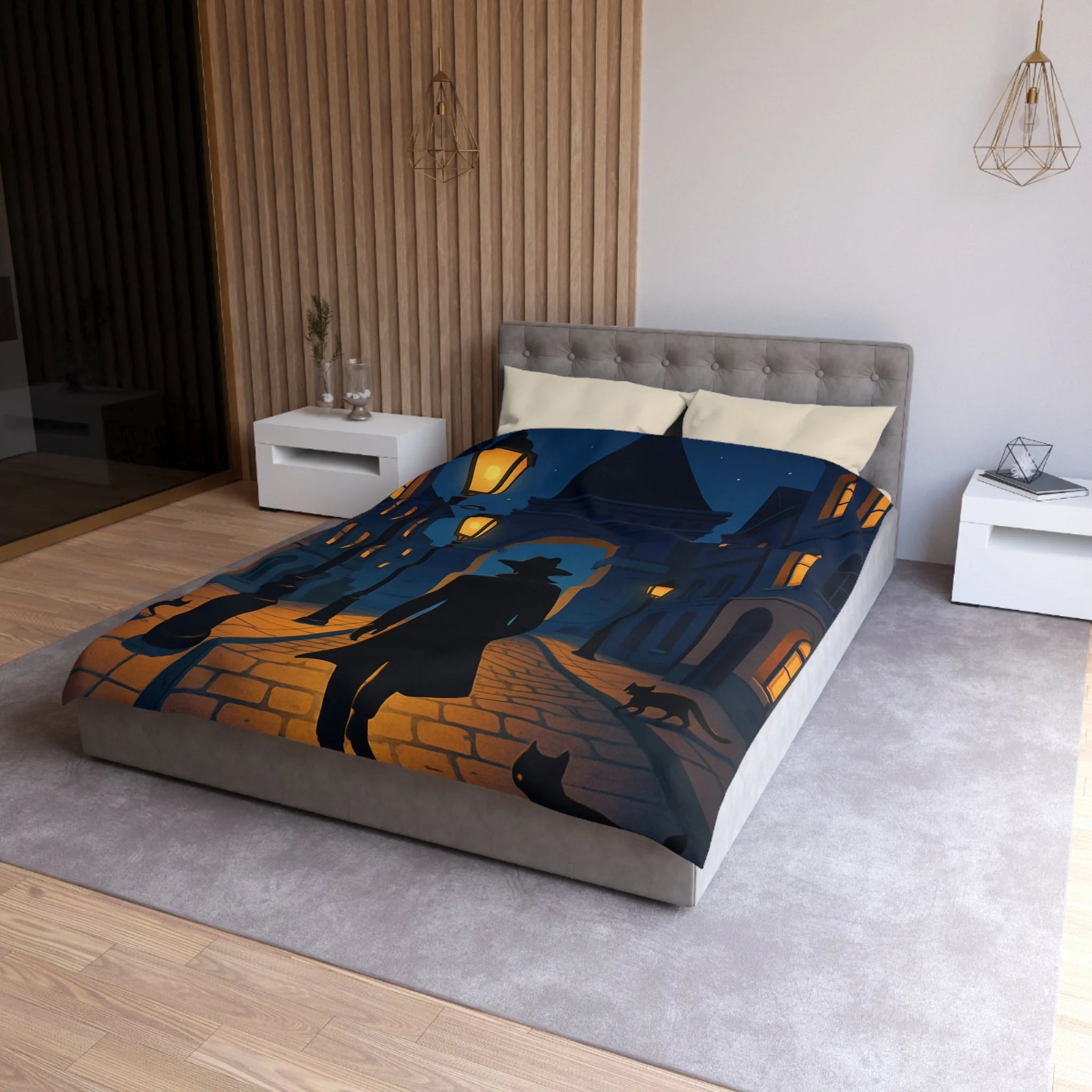 Housse de couette noire mystérieuse, silhouette d'homme avec chats et lampadaires nocturnes