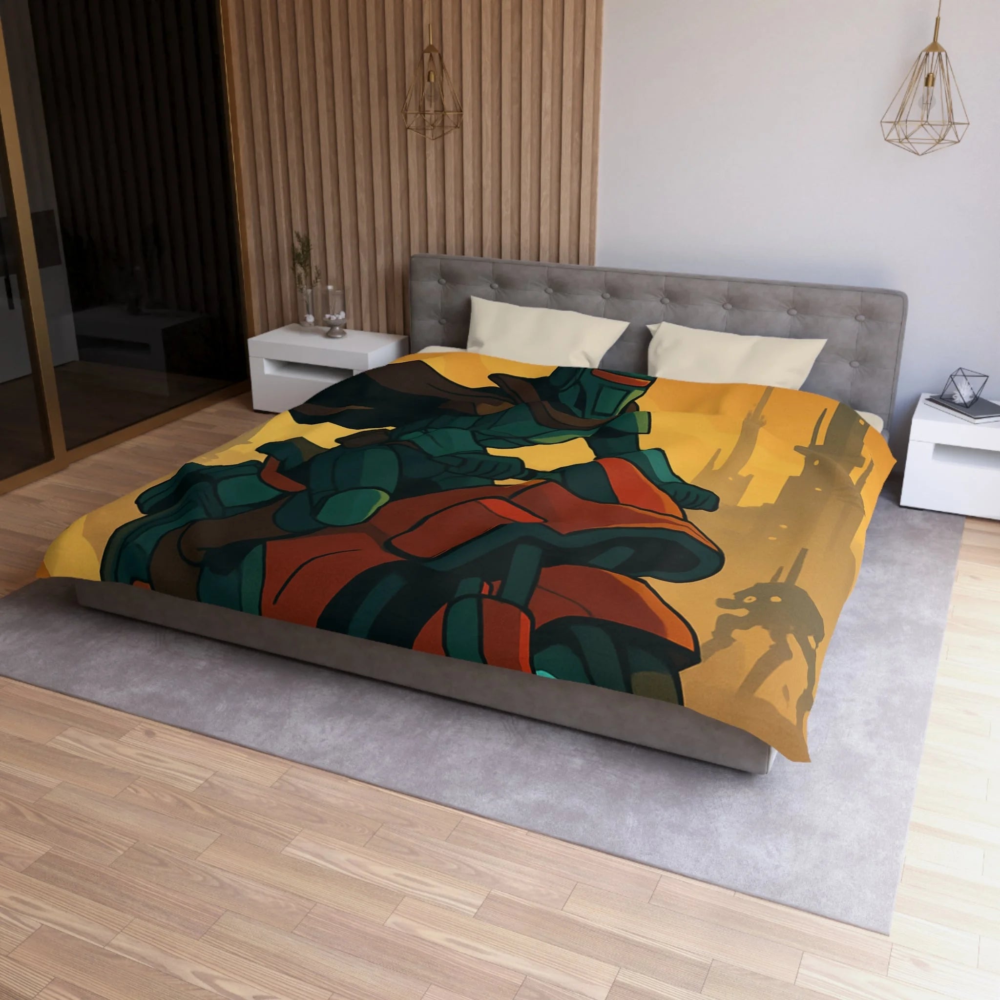 Housse de couette moto futuriste avec pilote en armure et paysage urbain orange