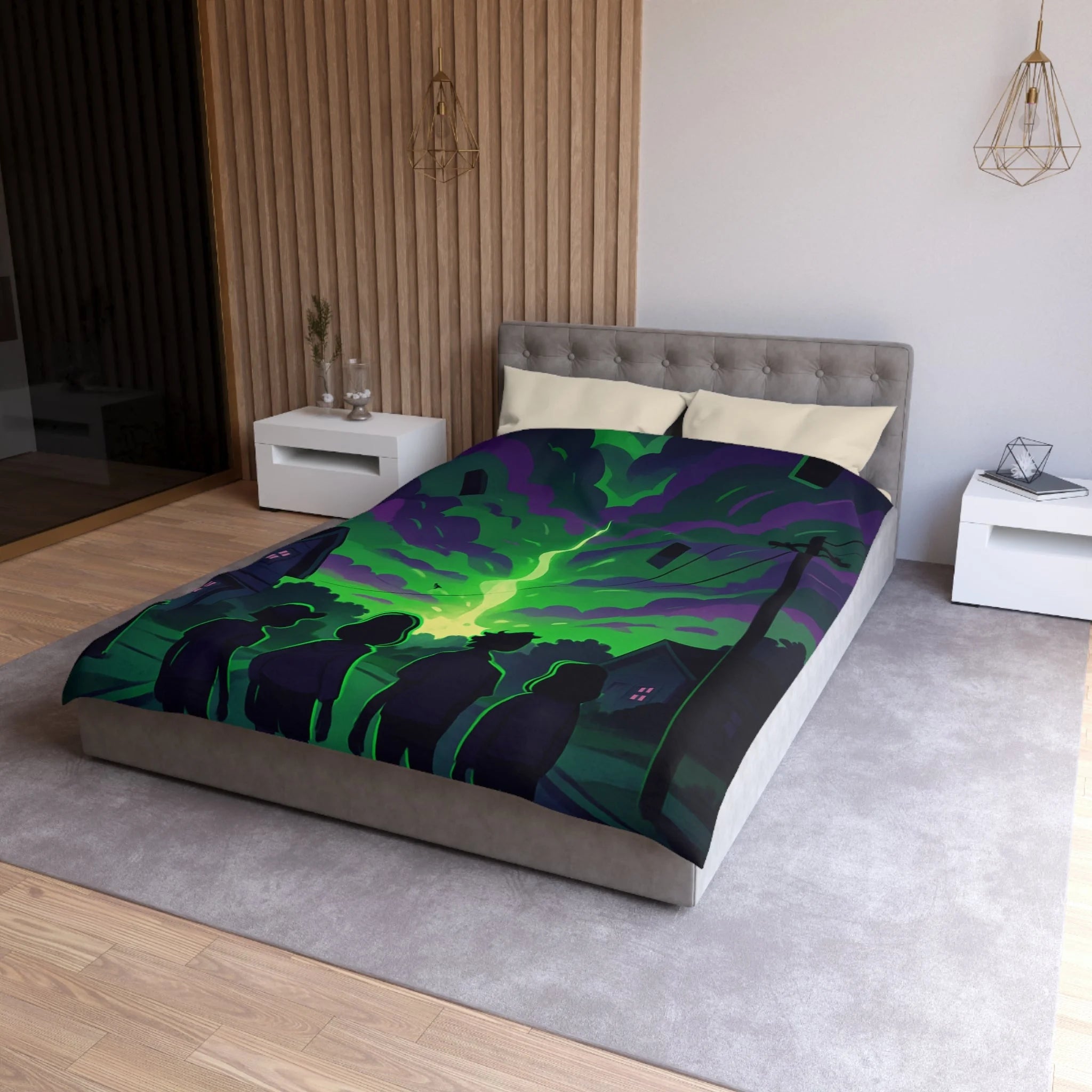 Housse de couette pour chambre avec ciel nocturne mystérieux et silhouettes d'enfants