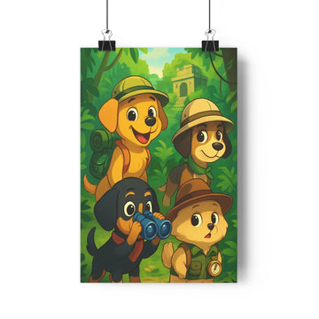 Poster aventure jungle chiots explorateurs chapeaux sacs dos forêt ancienne structure verte joyeuse ambiance cartoon mur chambre