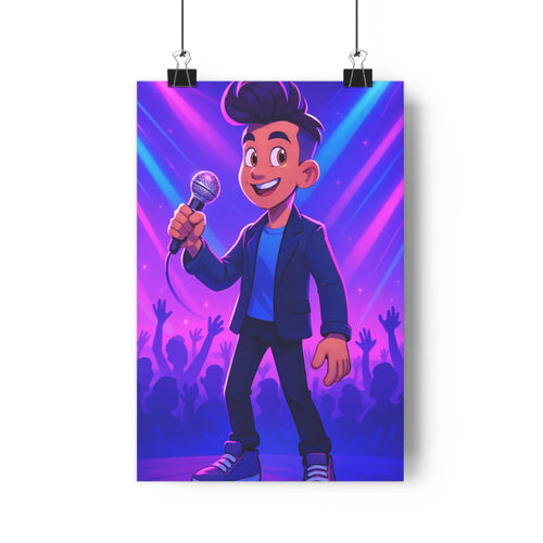 Poster moderne vibrant musique micro audience joyeuse couleurs vives bleu violet lumière radiante énergique festif chambre adolescente salon