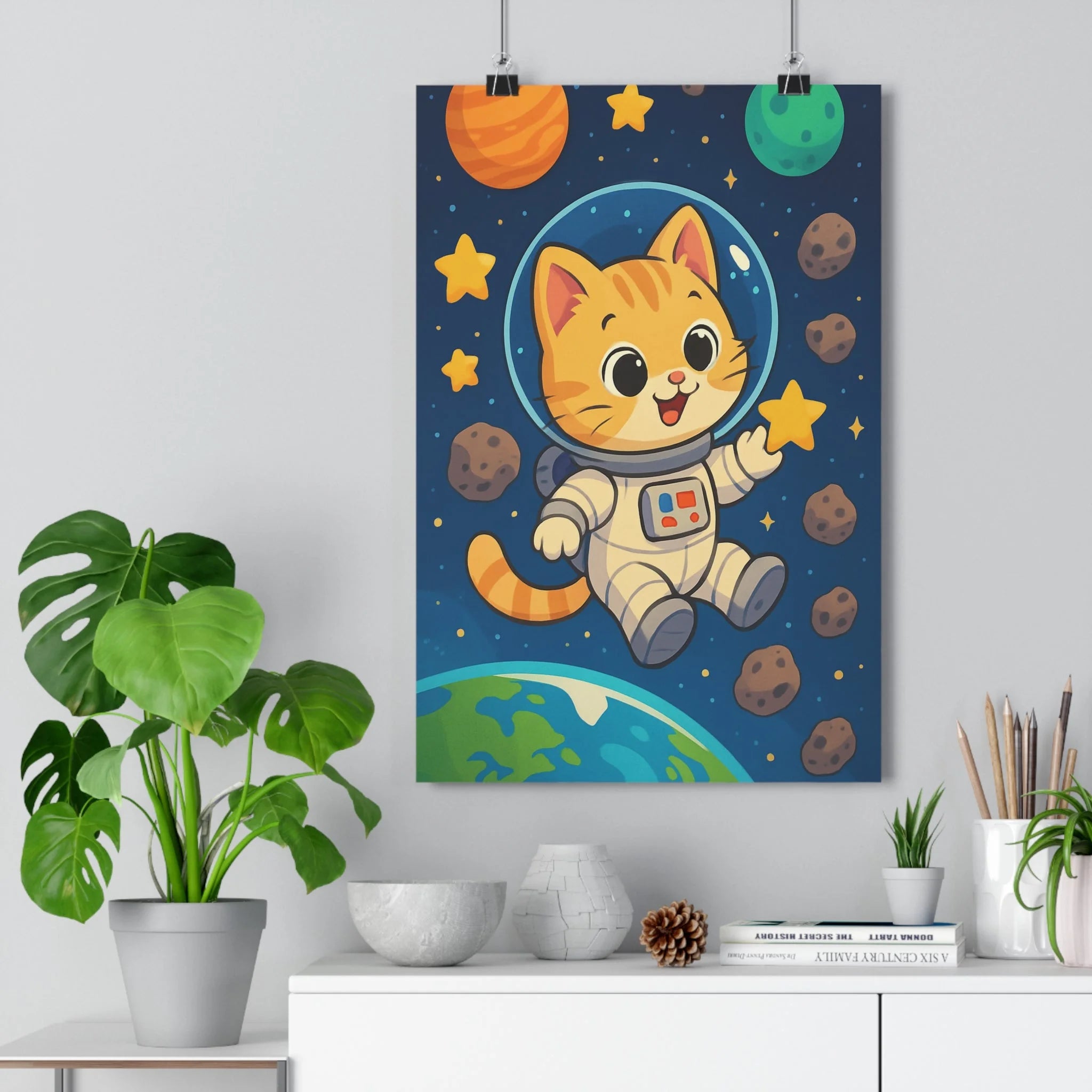 Poster décoratif cartoon chaton astronaute espace étoiles planètes pastel joyeux chambre enfant 30x46 cm