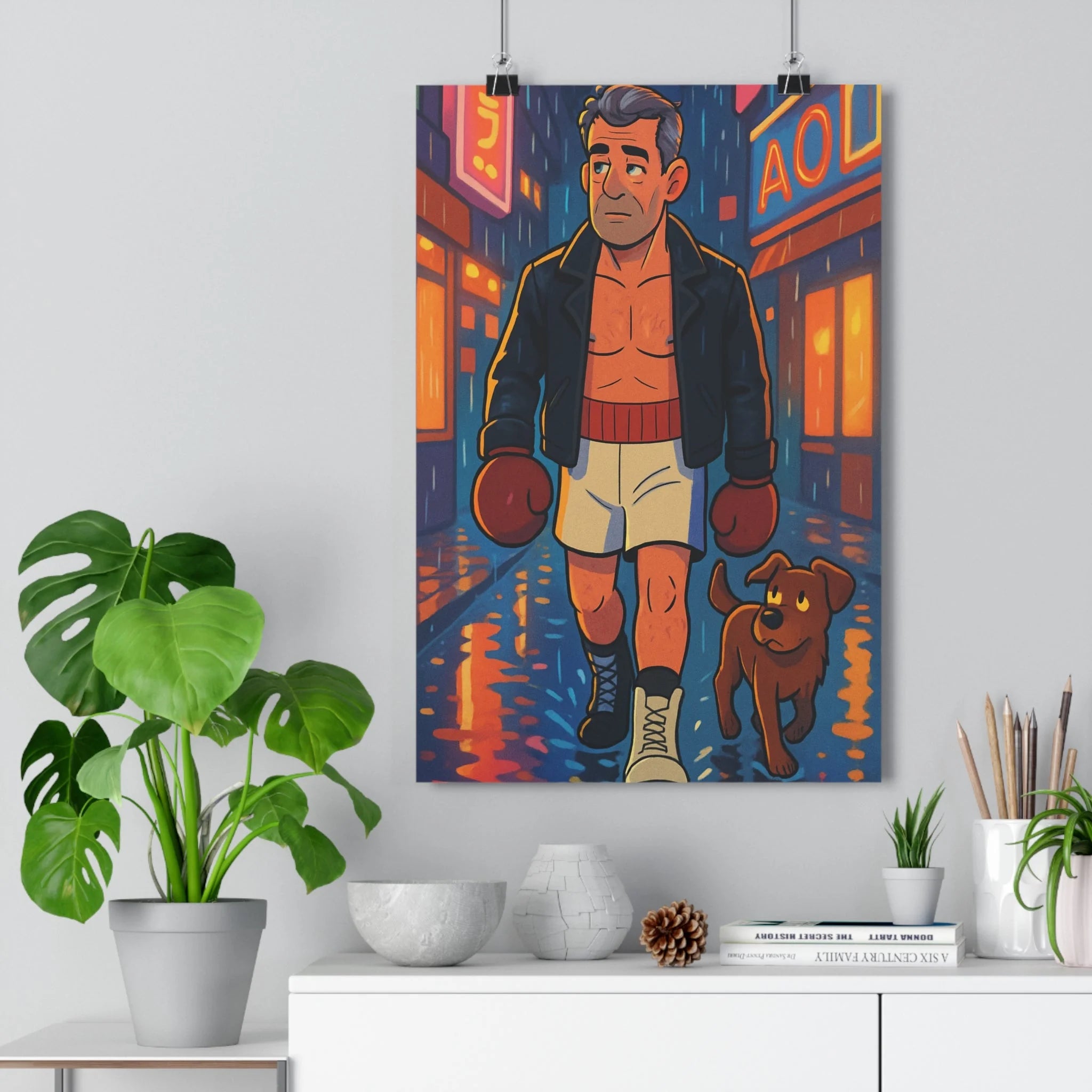 Poster décoratif néonoir urbain lumineux contrasté boxeur chien chambre salon 30x46 cm dynamique qualité