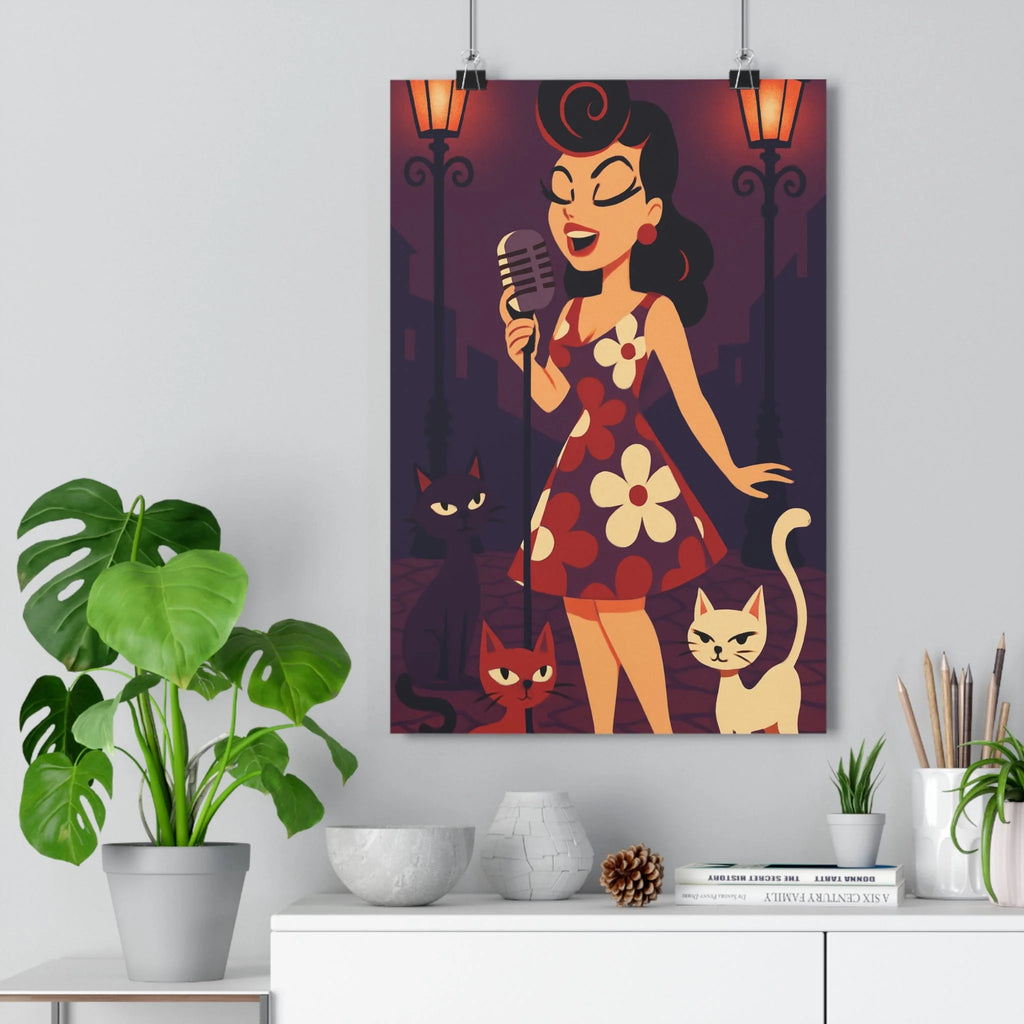 Poster décoratif rétro vintage violet orange chanteuse chats espiègle nostalgique chaleureux artistique salon chambre