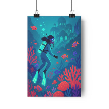 Poster plongeuse océan bleu corail poissons structures ruines exploration mystère ambiance apaisante chambre bureau