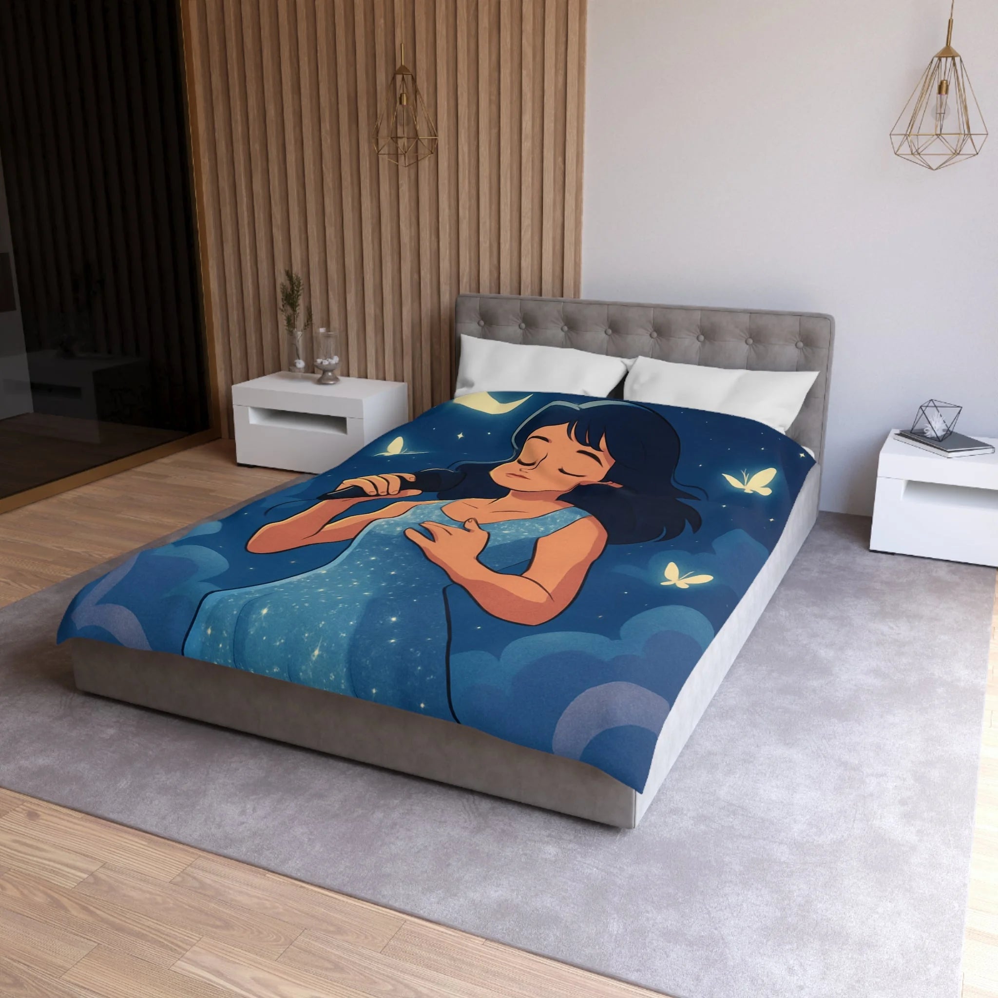 Housse de couette rêveuse avec chanteuse, papillons, lune et ciel étoilé bleu
