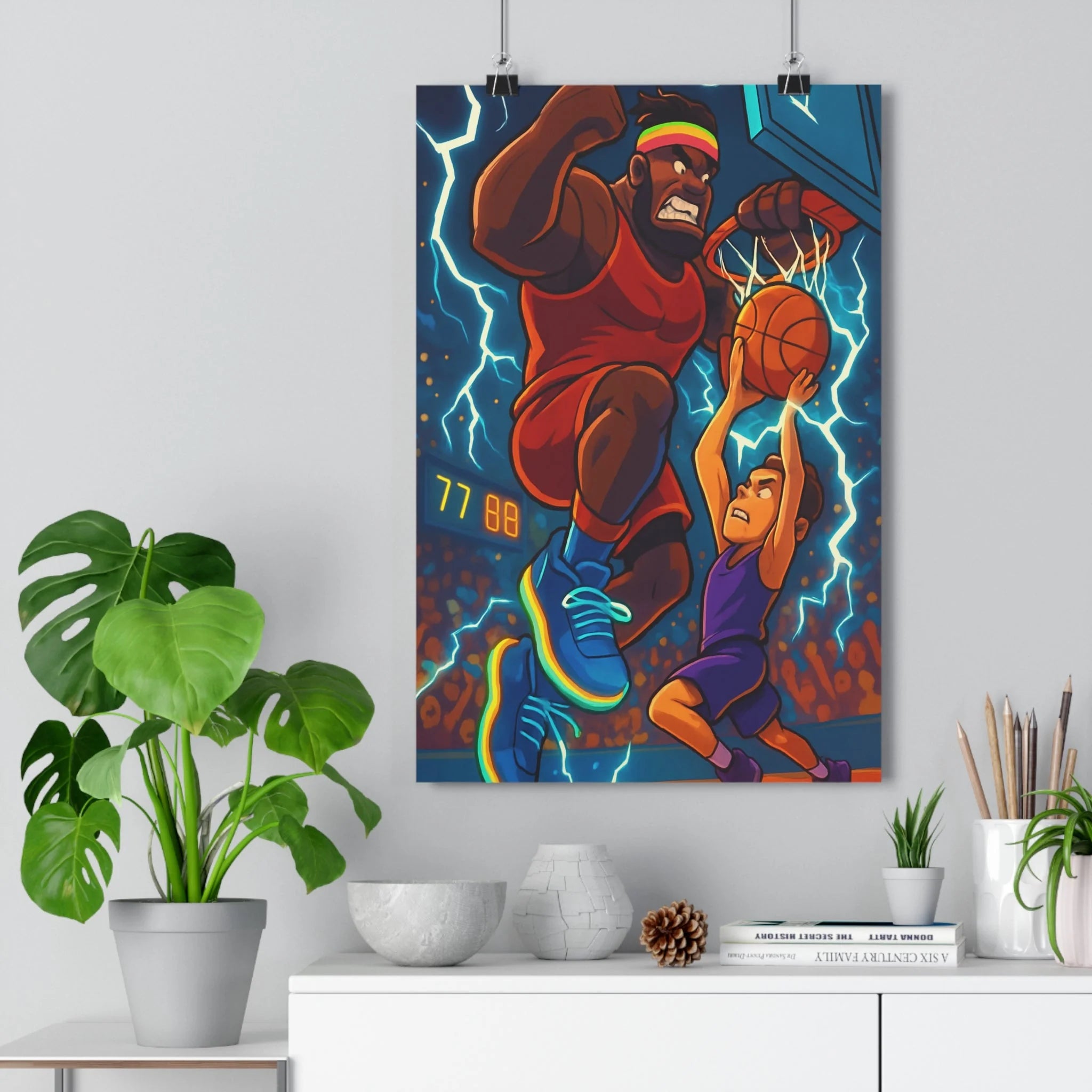 Poster décoratif basketball rouge violet intense dynamique sport chambre jeu ambiance électrique format 30x46