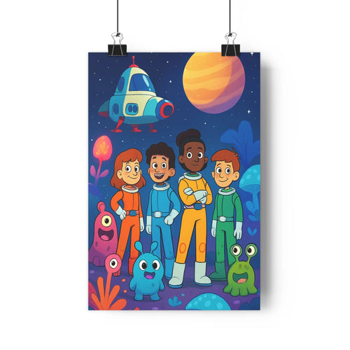Poster enfants aventure spatiale fusée planète créatures mignonnes combinaisons spatiales plantes fleurs ciel étoilé ambiance joyeuse style cartoon couleurs vives