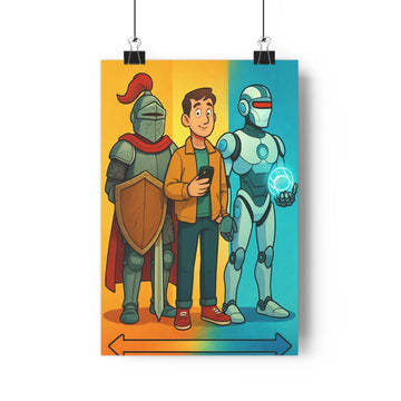 Poster épique chevalier armure robot moderne téléphone plante verte étagère vase livre orange bleu gris rouge cartoon ambiance dynamique chambre