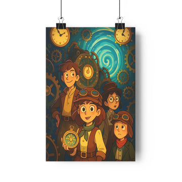 Poster steampunk aventuriers horloges roues dentées bleu doré expressions faciles exploration fantastique science magie salon chambre enfants