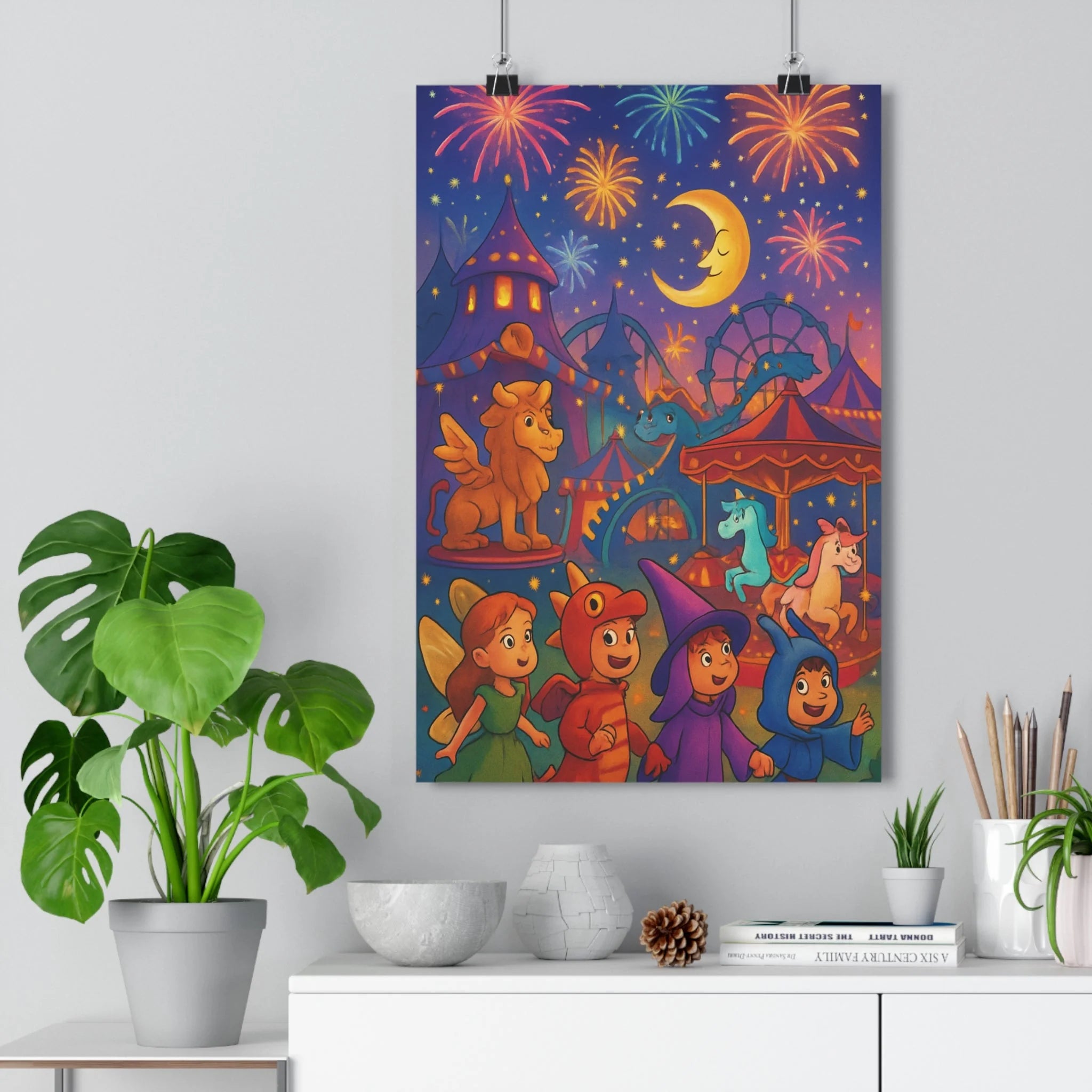 Poster décoratif coloré enfant créatures enchantées joyeux carnaval bleu rouge jaune chambre magique ambiance
