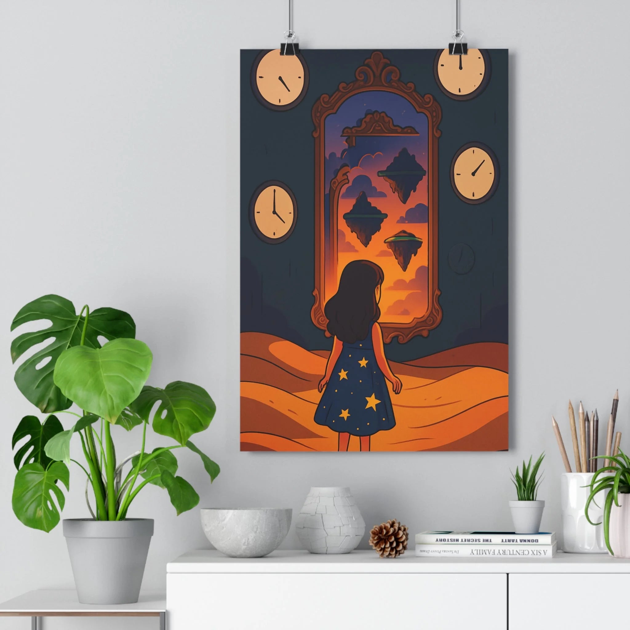 Poster décoratif surréaliste îles flottantes horloges salon chambre ambiance onirique coloré format 30x46 cm