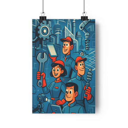 Poster industrie techniciens outils réparation combinaisons bleues casquettes rouges mécanismes arrière-plan ambiance positive cartoon simple expressions joyeuses salon bureau