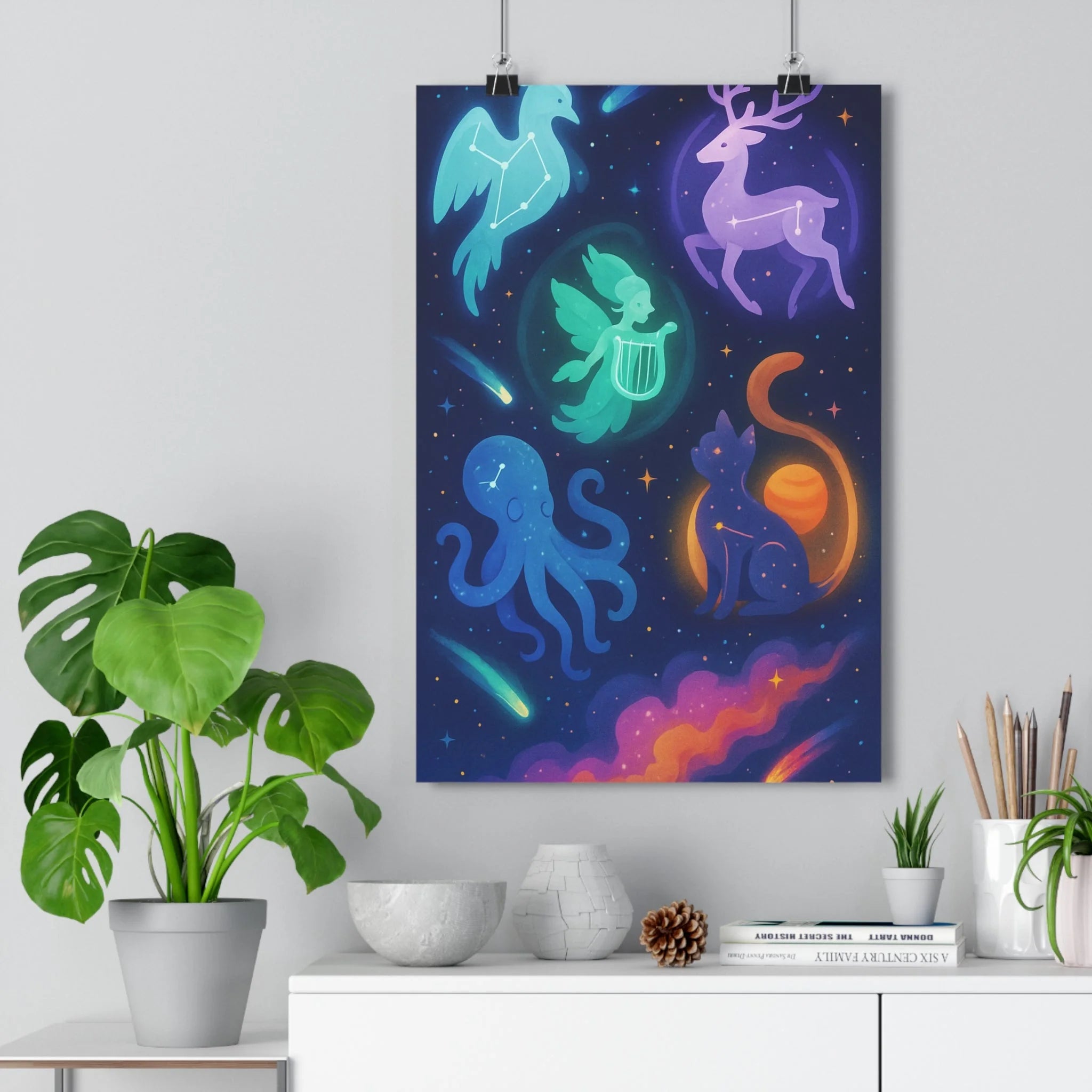 Poster décoratif mystique cosmique bleu violet orange chambre salon bureau créatures célestes 30x46 cm
