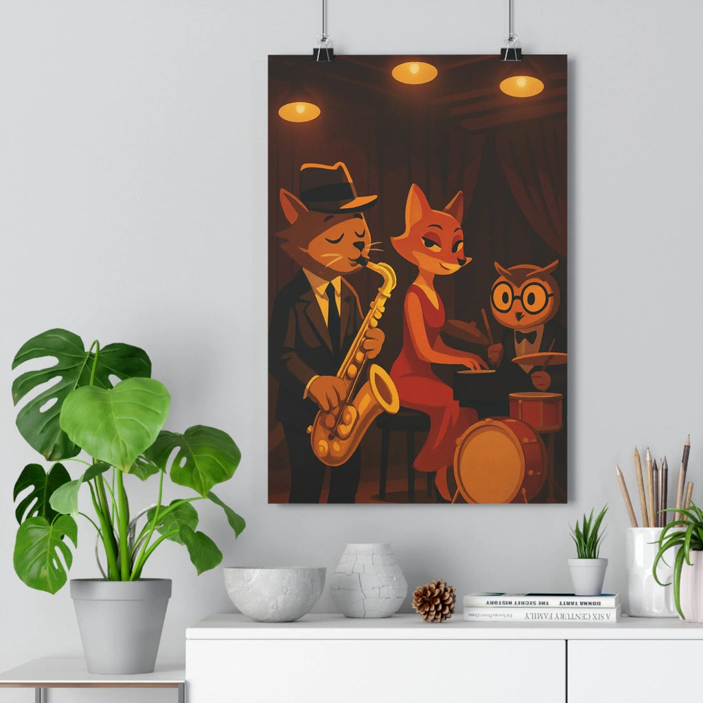 Poster décoratif rétro jazz chat saxophone renarde piano chouette batterie cartoon salon chaleureux 30x46