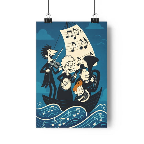 Poster aventure musicale personnages animés violon banjo trompette océan notes bleu blanc simple joyeux moderne chambre salon