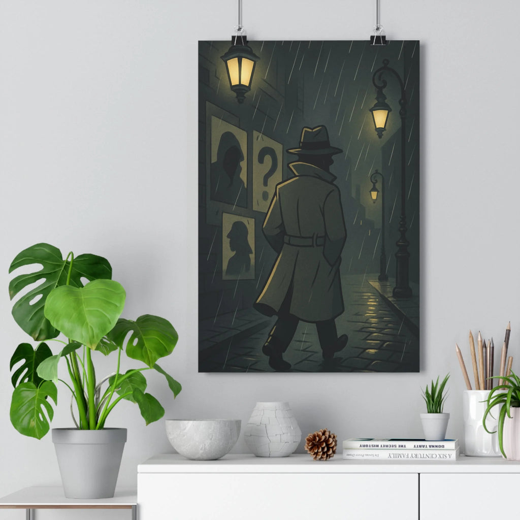 Poster décoratif mystérieux film noir dessin animé sombre intrigue imperméable chapeau pluie rue silhouette