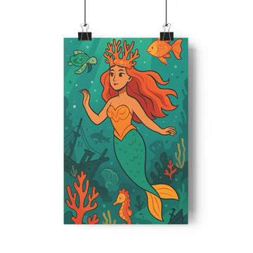 Poster sirène cheveux rouges queue verte poissons tortue coraux algues eau bleue ambiance douce fantaisie cartoon mur chambre salon