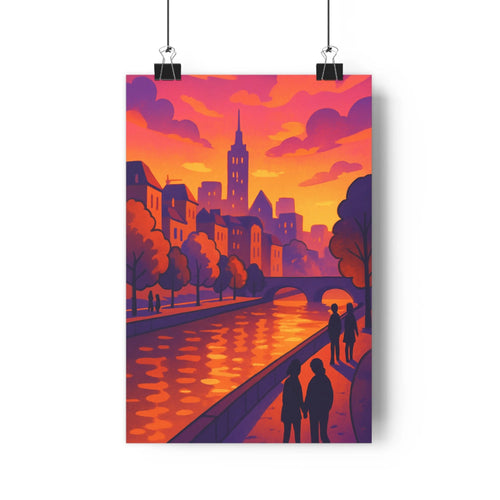Poster urbain crépuscule embrassade rivière arbres ponts architecture moderne couleurs pastel ambiance romantique nature minimaliste salon chambre