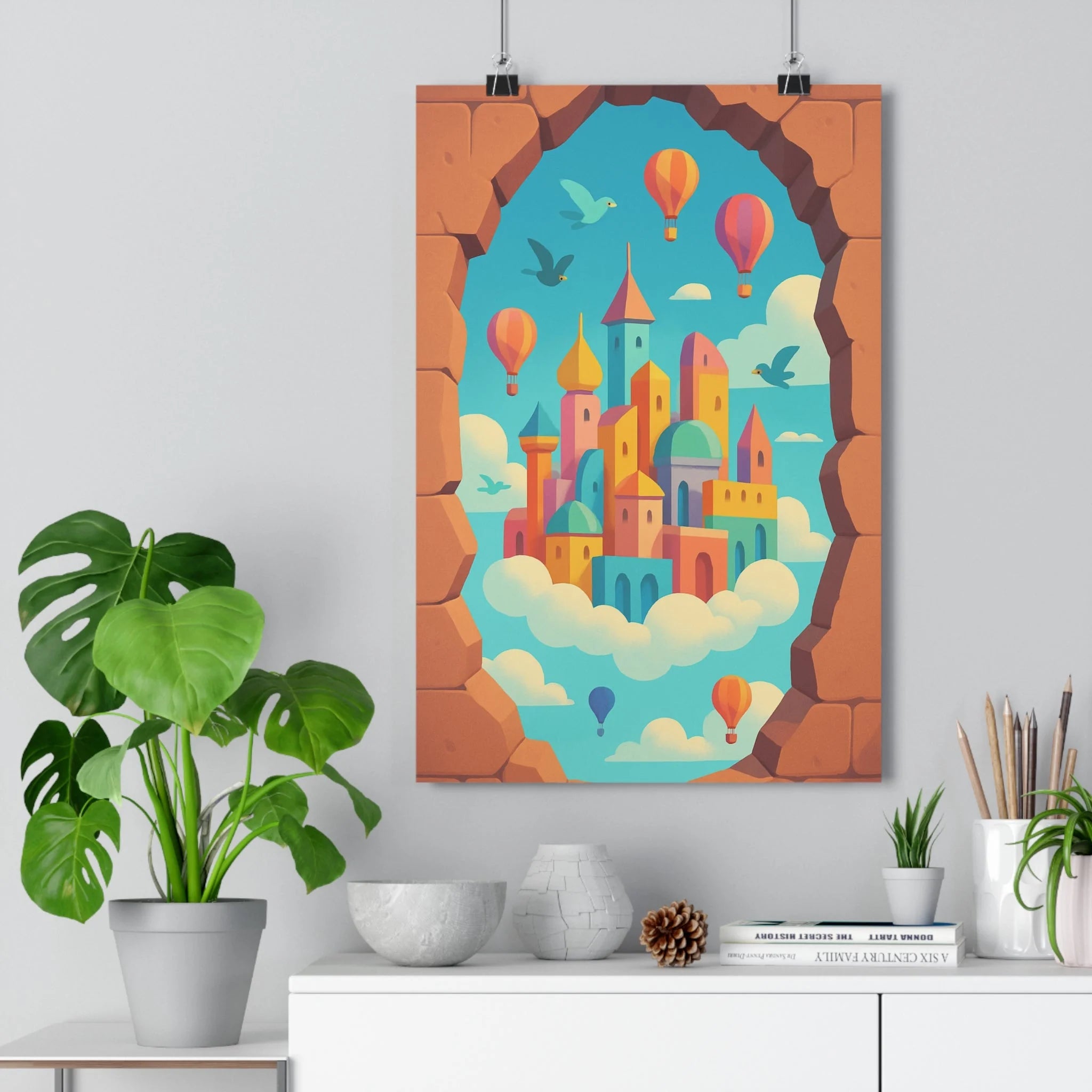 Poster décoratif féerique pastel anime coloré apaisant chambre salon rêveur magique montgolfières oiseaux qualité