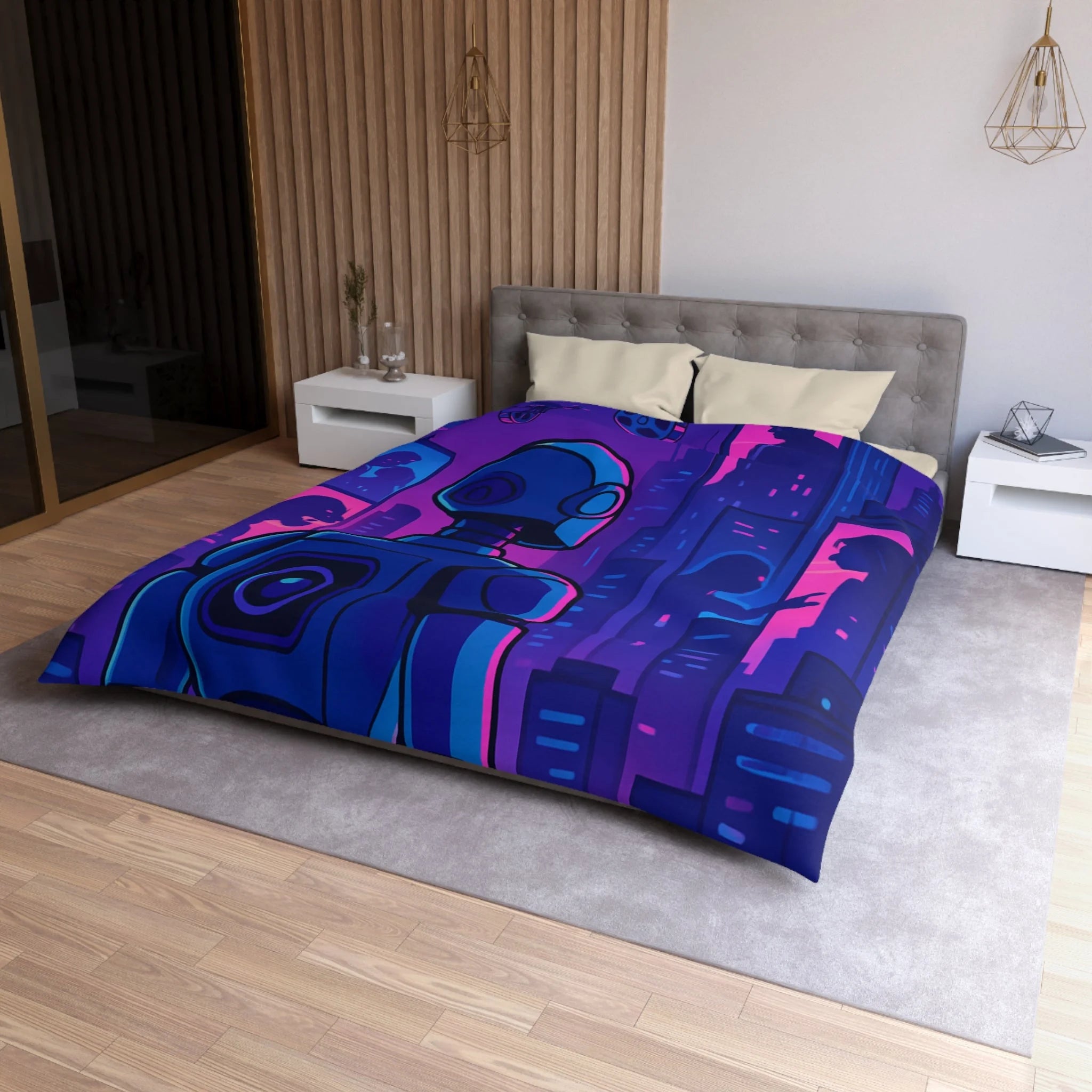 Séduisante housse de couette futuriste robot bleu néons drones anime horizon nuit