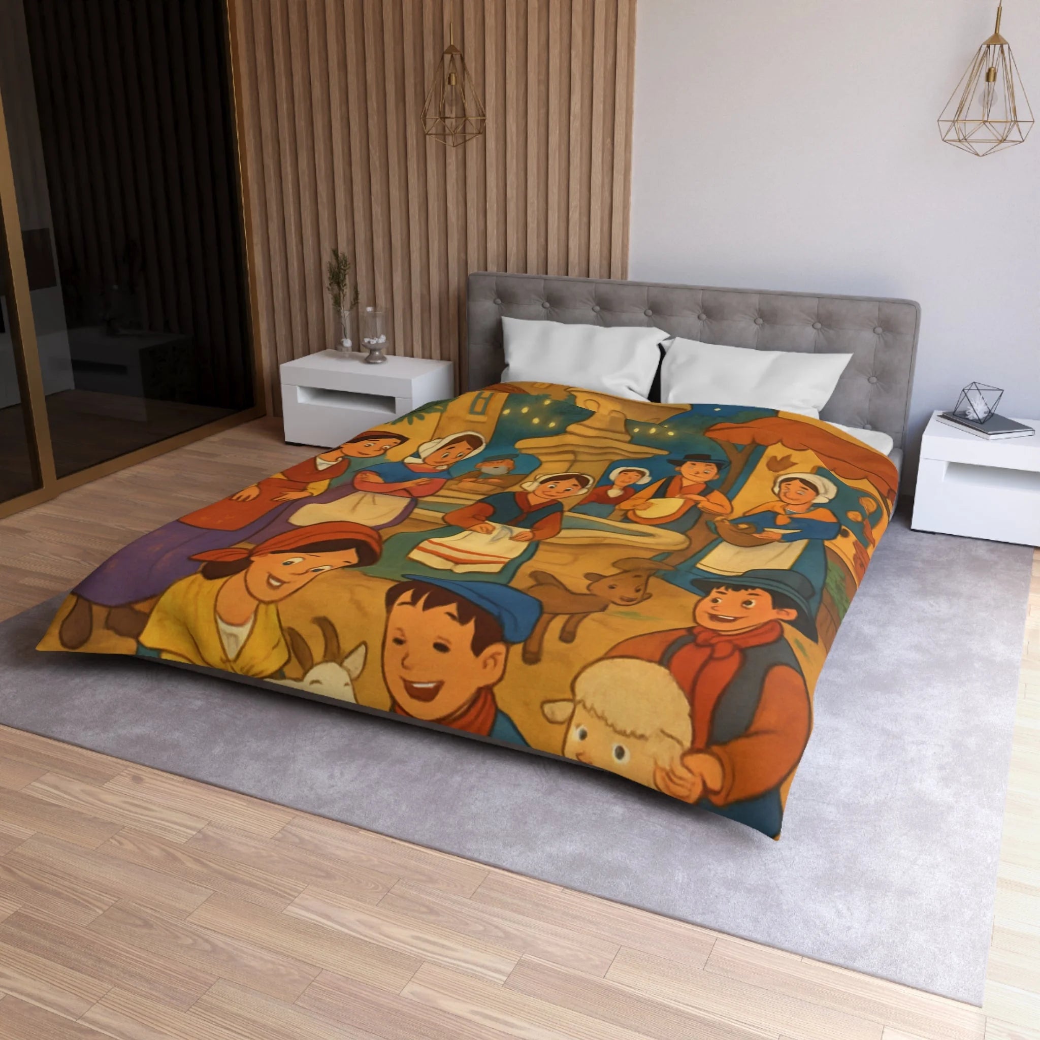 Housse de couette pour enfants avec scène villageoise festive et animaux mignons joyeux