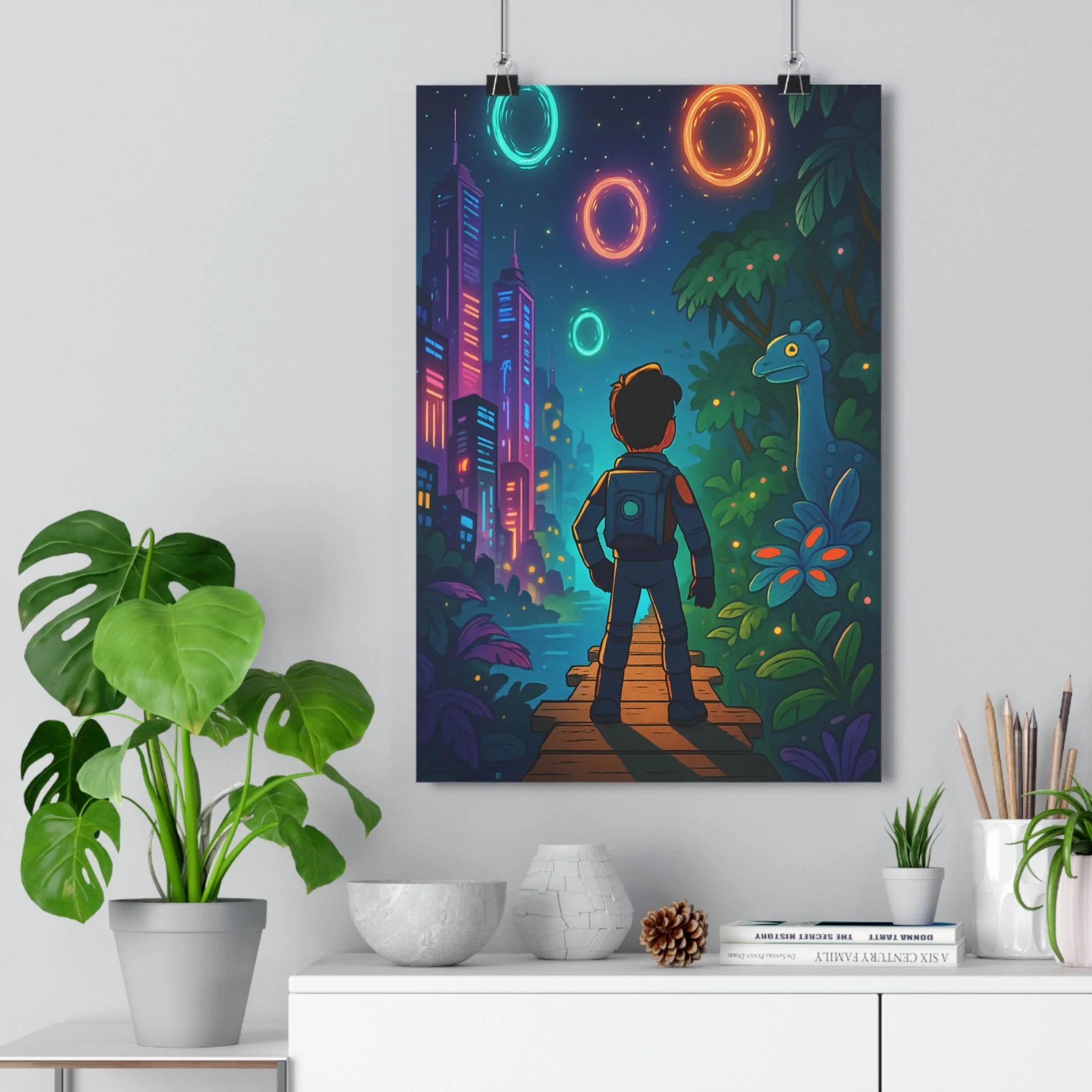 Poster décoratif futuriste bleu néons cartoon aventure enfant salon fantastique jungle explorateur magique qualité