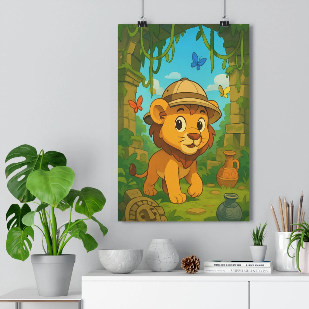 Poster décoratif cartoon lion explorateur bleu vert orange aventure chambre enfant 30x46 joyeux coloré