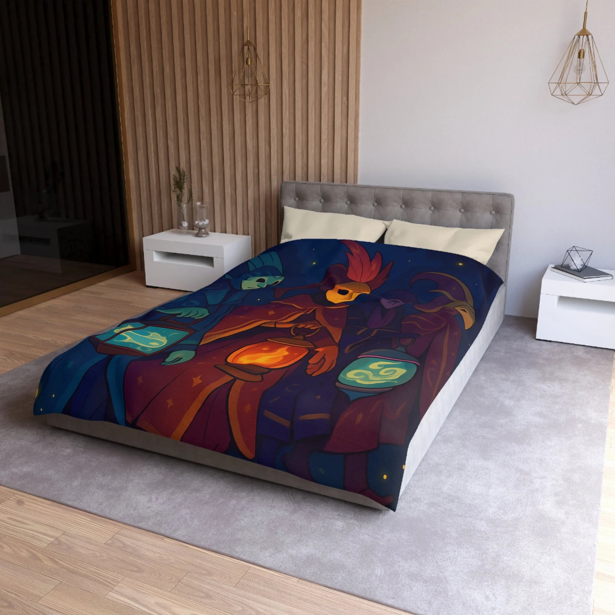 Housse de couette mystérieuse avec personnages masqués et lanternes en forêt étoilée