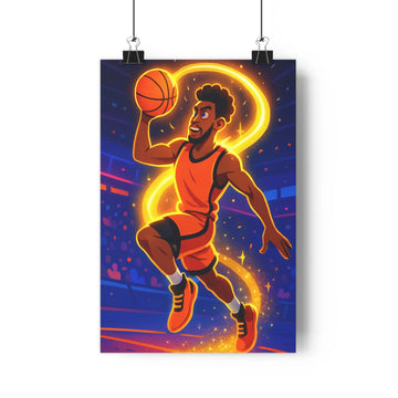 Poster décoratif vibrant basketball néon orange bleu cartoon chambre enfant dynamique 30x46 cm sport